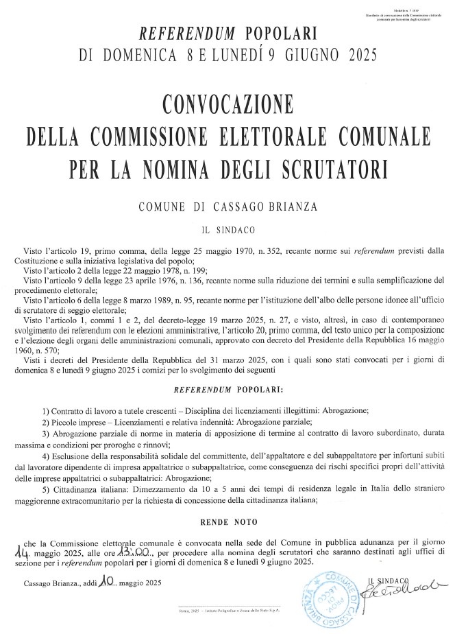CONVOCAZIONE COMMISSIONE ELETTORALE PER NOMINA SCRUTATORI