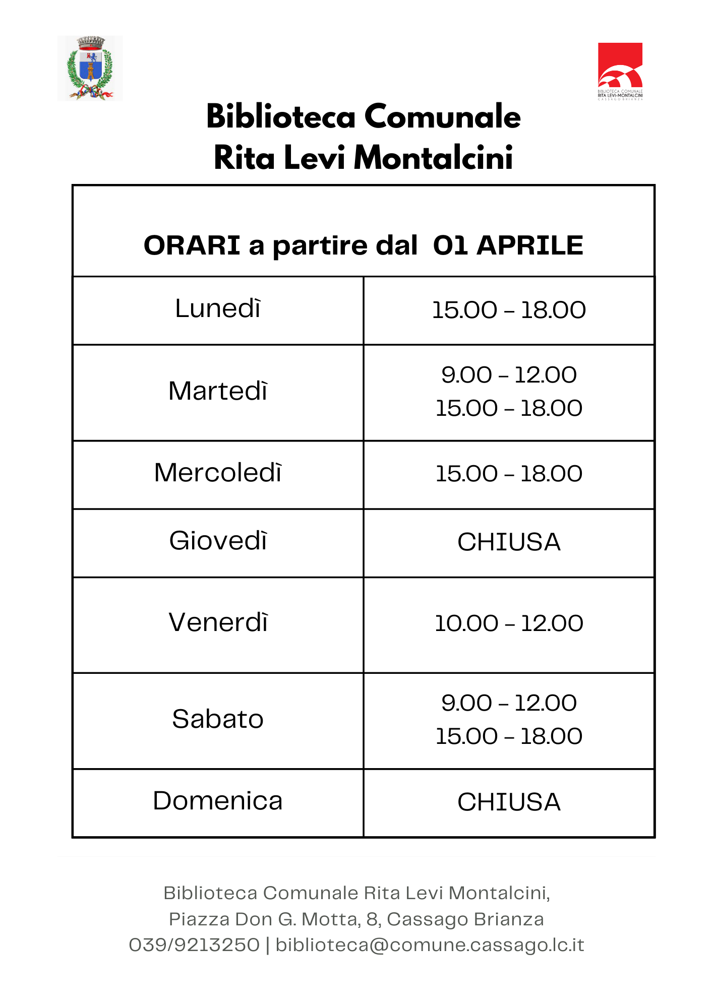 orario biblioteca dl 1 aprile